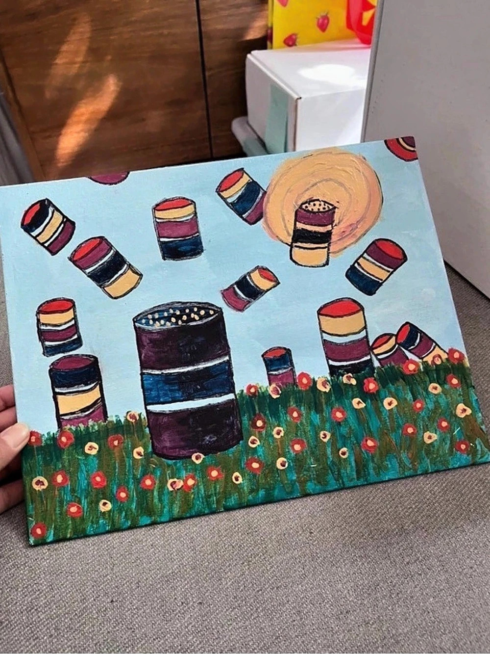 Whimsical Pop Art Canvas Painting - Vibrant Landscape with Floating Tin Cans
